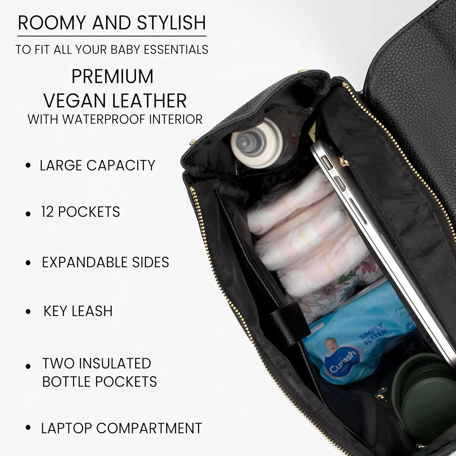 Premium Vegan Leather Diaper Bag Backpack – Large Designer Baby Bag, Stylish Diaper Backpack with Stroller & Crossbody Straps & Multiple Compartments (Black)