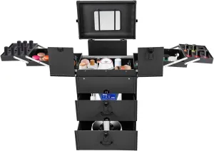 Professional Rolling Makeup Train Case, 360° Swivel Wheels Multi-functional Cosmetic Trolley Hairdressers Salon Cosmetic Trolley Organizer Box for Nail Technicians Hairstylist (Black)