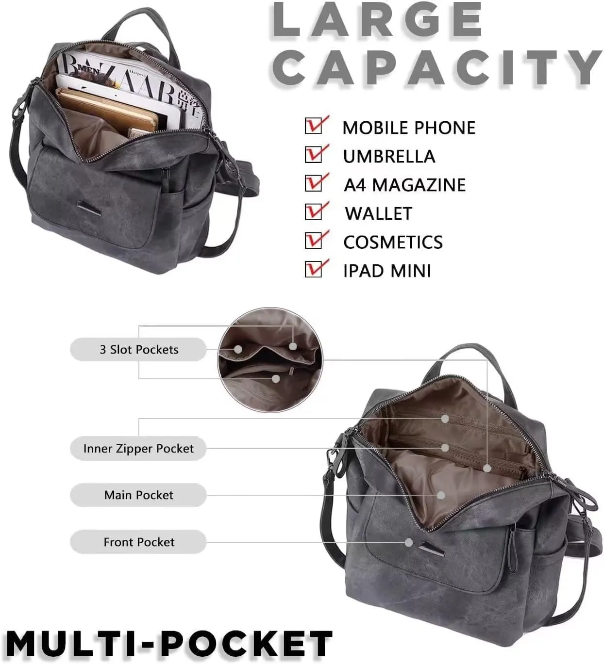 PU Leather Backpack Purse for Women Fashion Multipurpose Design Handbag Ladies Shoulder Bags Travel Backpack Coffee