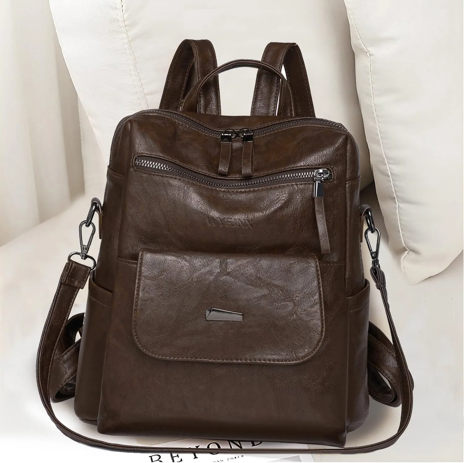 PU Leather Backpack Purse for Women Fashion Multipurpose Design Handbag Ladies Shoulder Bags Travel Backpack Coffee