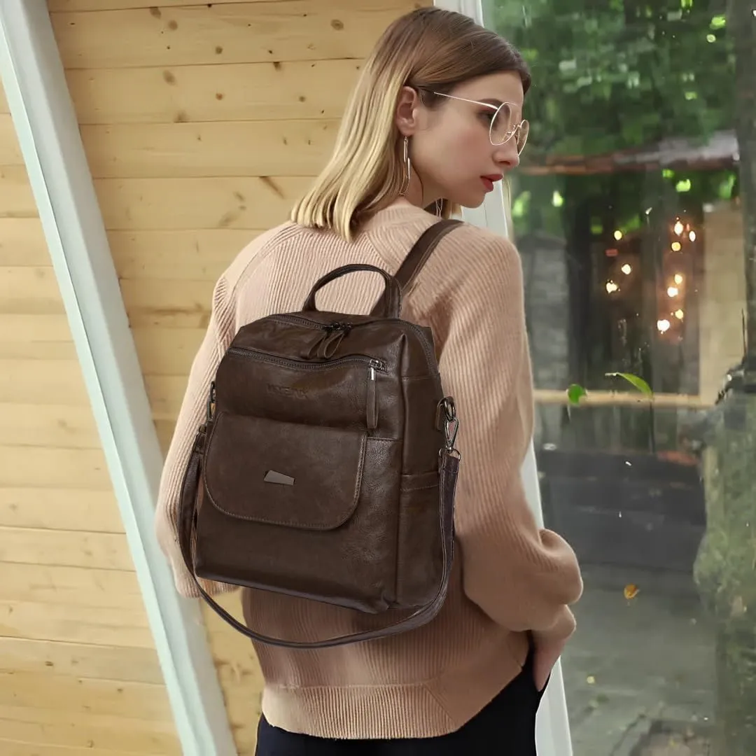 PU Leather Backpack Purse for Women Fashion Multipurpose Design Handbag Ladies Shoulder Bags Travel Backpack Coffee