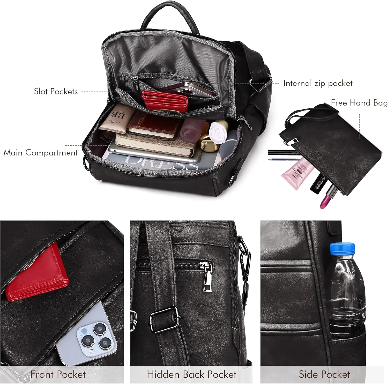 PU Leather Backpack Purse for Women, Multipurpose Design Shoulder Bag Handbags Convertible Fashion Travel bag with Wristlet