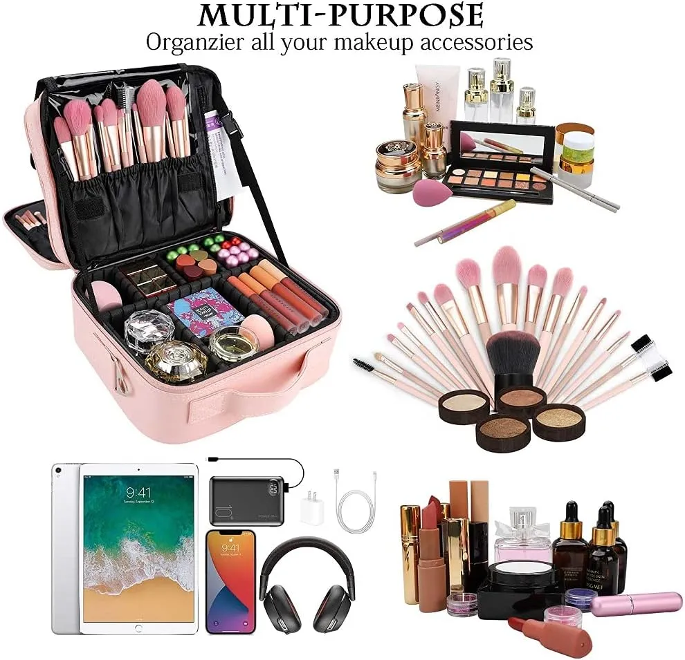 PU Leather Travel Makeup Bag, Portable Makeup Organizer Case Makeup Train Case with Adjustable Dividers and Shoulder Strap Make up Bags (with Mirror Pink)
