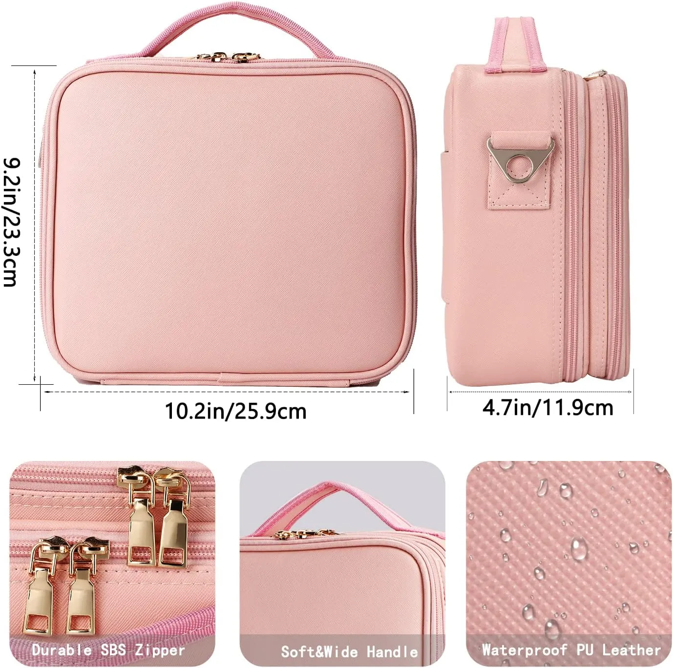 PU Leather Travel Makeup Bag, Portable Makeup Organizer Case Makeup Train Case with Adjustable Dividers and Shoulder Strap Make up Bags (with Mirror Pink)