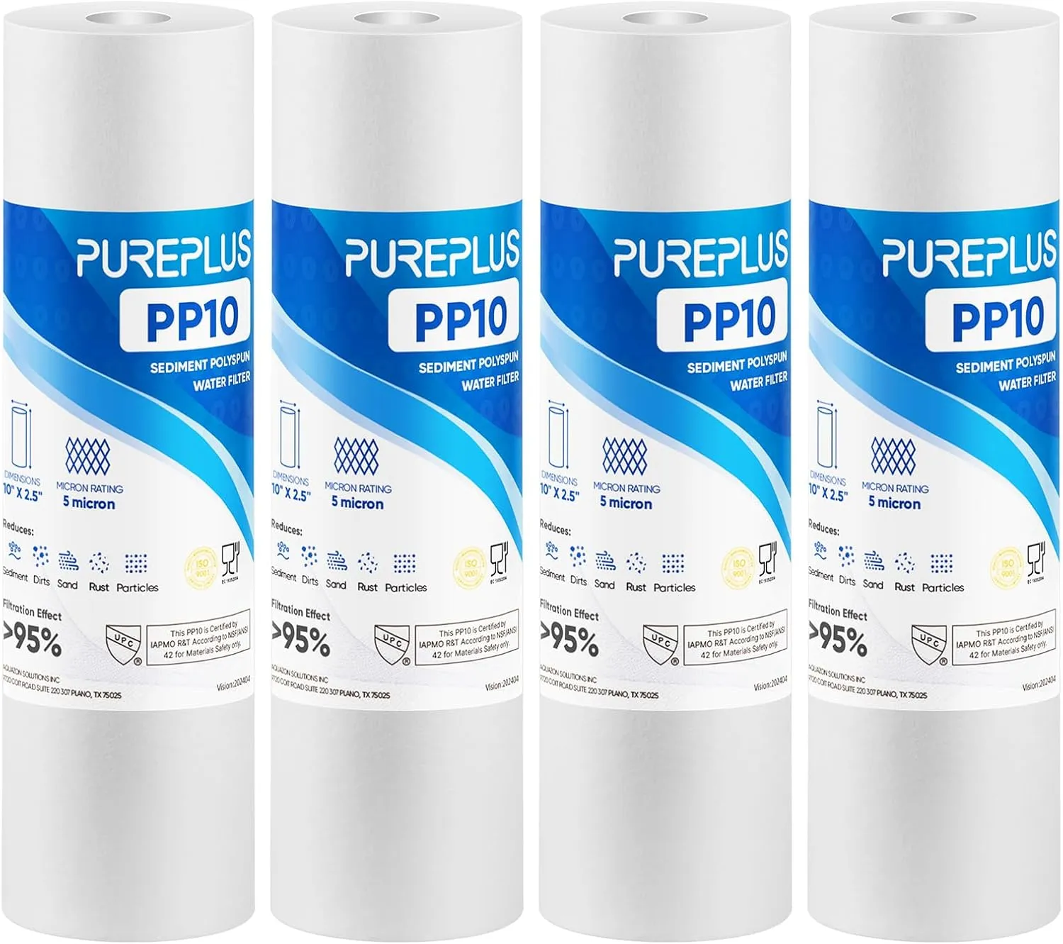 PUREPLUS 5 Micron 10" x 2.5" Whole House Sediment Home Water Filter Cartridge Replacement for Any 10 inch RO Unit, Culligan P5, Aqua-Pure AP110, Dupont WFPFC5002, CFS10, WHKF-G05, 4Pack