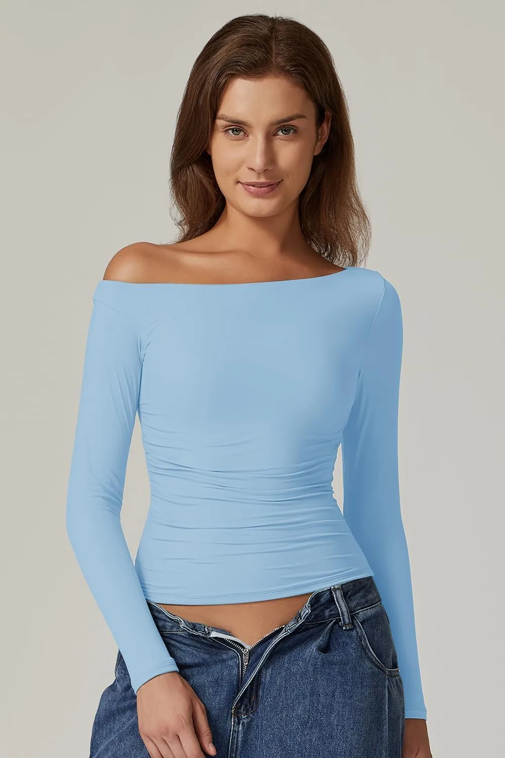 QINSEN Women's Sexy Off Shoulder Shirt Long Sleeve Double Lined Tops Side Ruched Fitted Tees