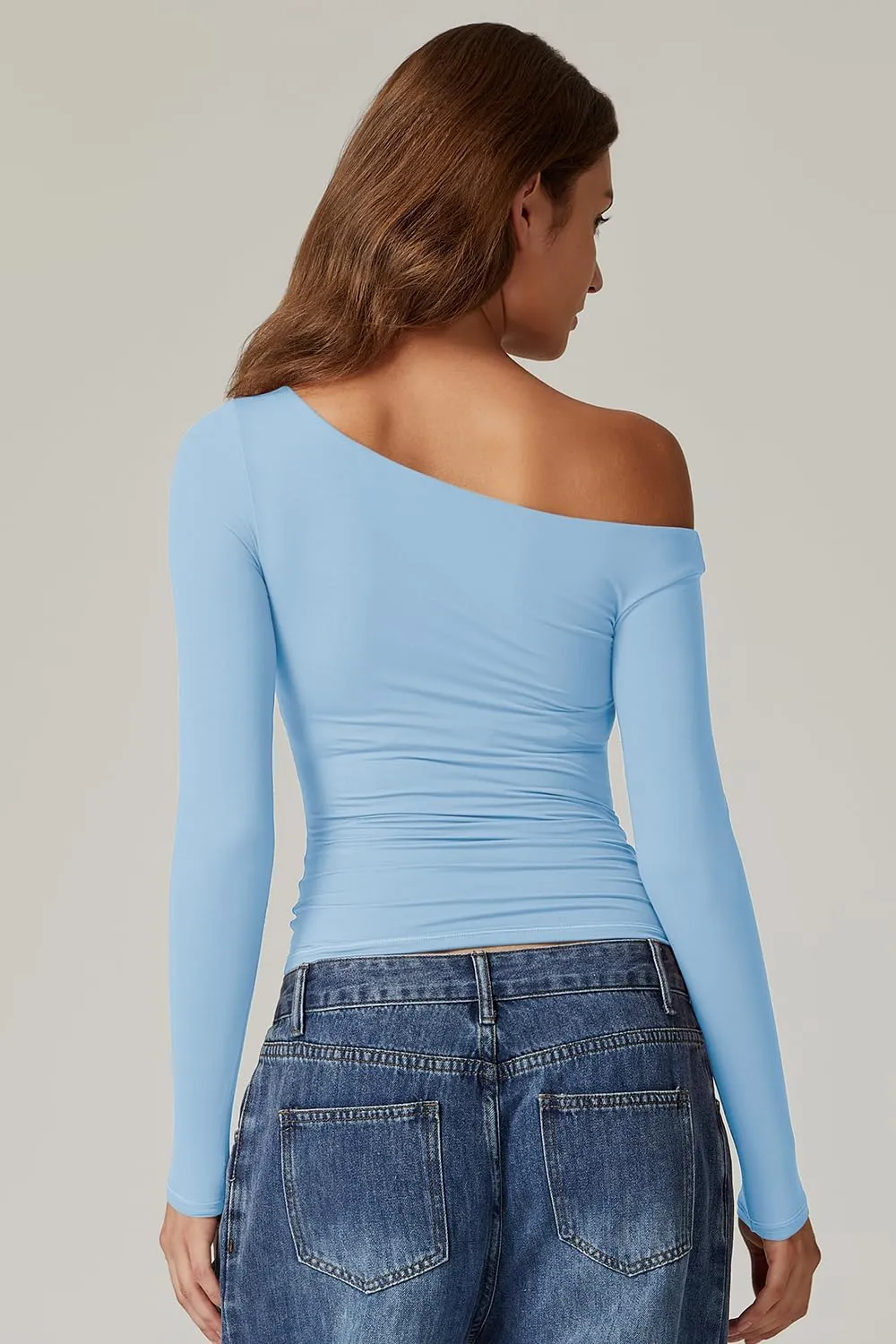 QINSEN Women's Sexy Off Shoulder Shirt Long Sleeve Double Lined Tops Side Ruched Fitted Tees