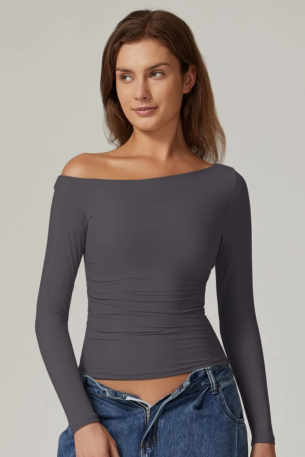 QINSEN Women's Sexy Off Shoulder Shirt Long Sleeve Double Lined Tops Side Ruched Fitted Tees