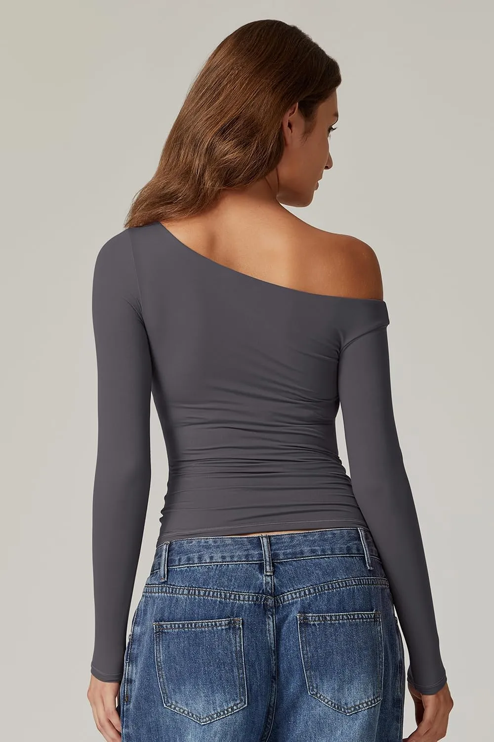 QINSEN Women's Sexy Off Shoulder Shirt Long Sleeve Double Lined Tops Side Ruched Fitted Tees