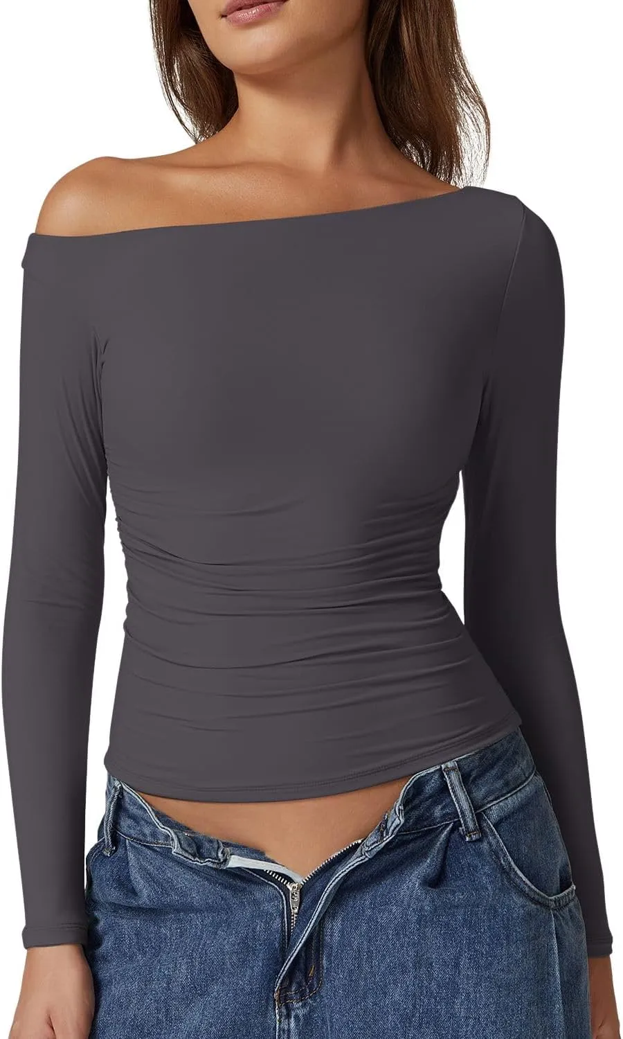 QINSEN Women's Sexy Off Shoulder Shirt Long Sleeve Double Lined Tops Side Ruched Fitted Tees