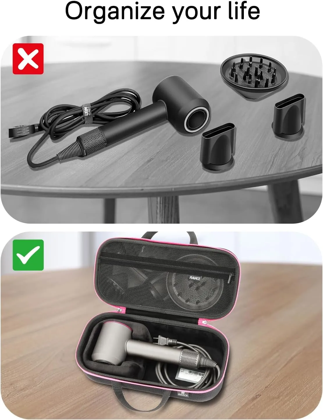RAIACE Hard Storage Case Compatible with Dyson Hair Dryer, Travel Carrying Bag. (for Sale is case only). - Black(Black Lining)
