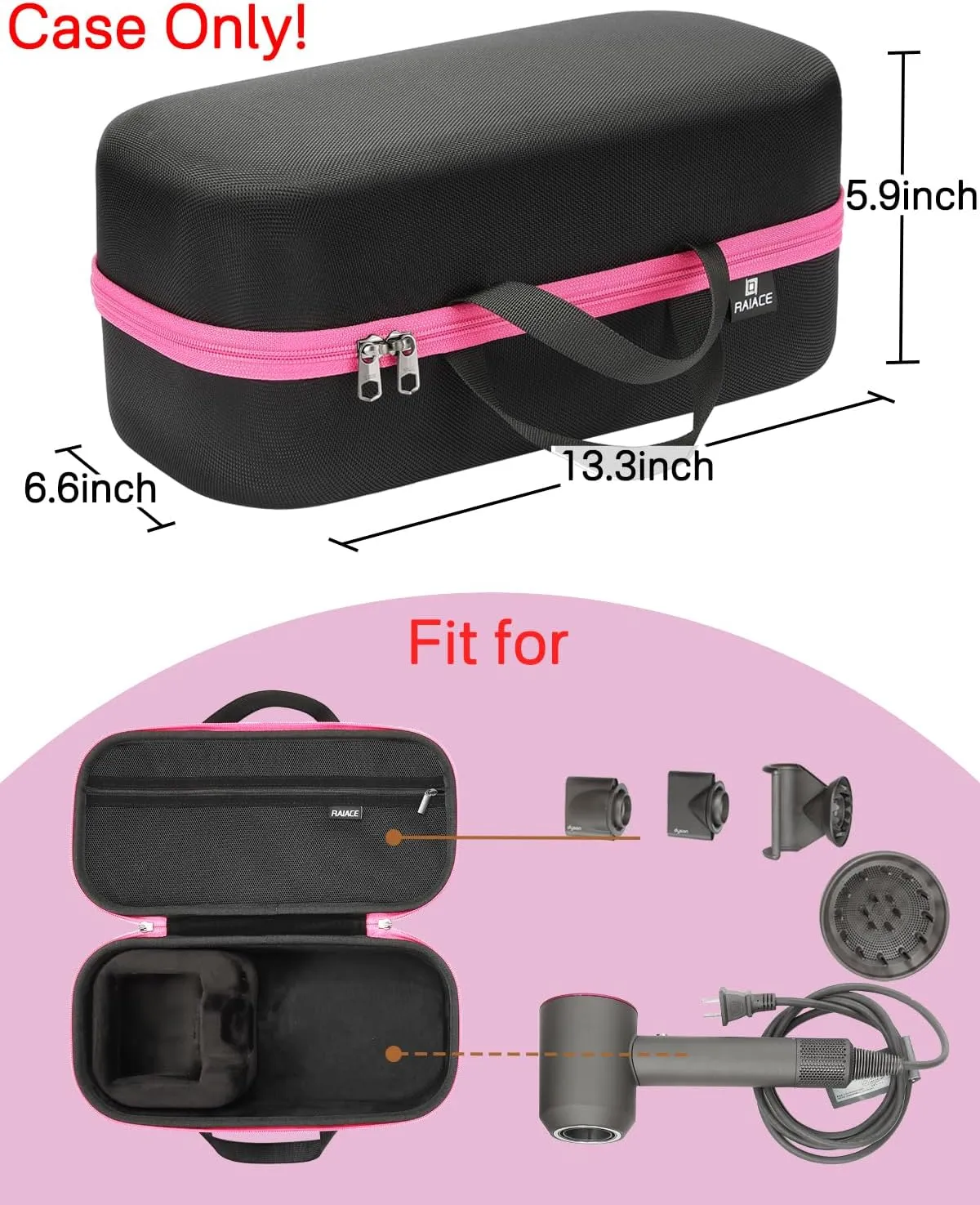 RAIACE Hard Storage Case Compatible with Dyson Hair Dryer, Travel Carrying Bag. (for Sale is case only). - Black(Black Lining)