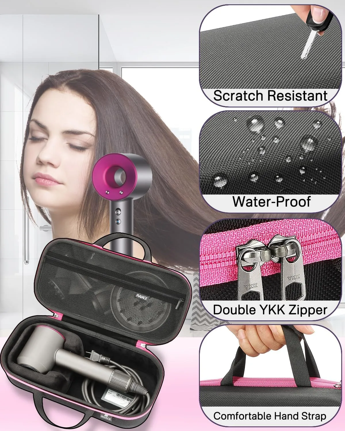 RAIACE Hard Storage Case Compatible with Dyson Hair Dryer, Travel Carrying Bag. (for Sale is case only). - Black(Black Lining)
