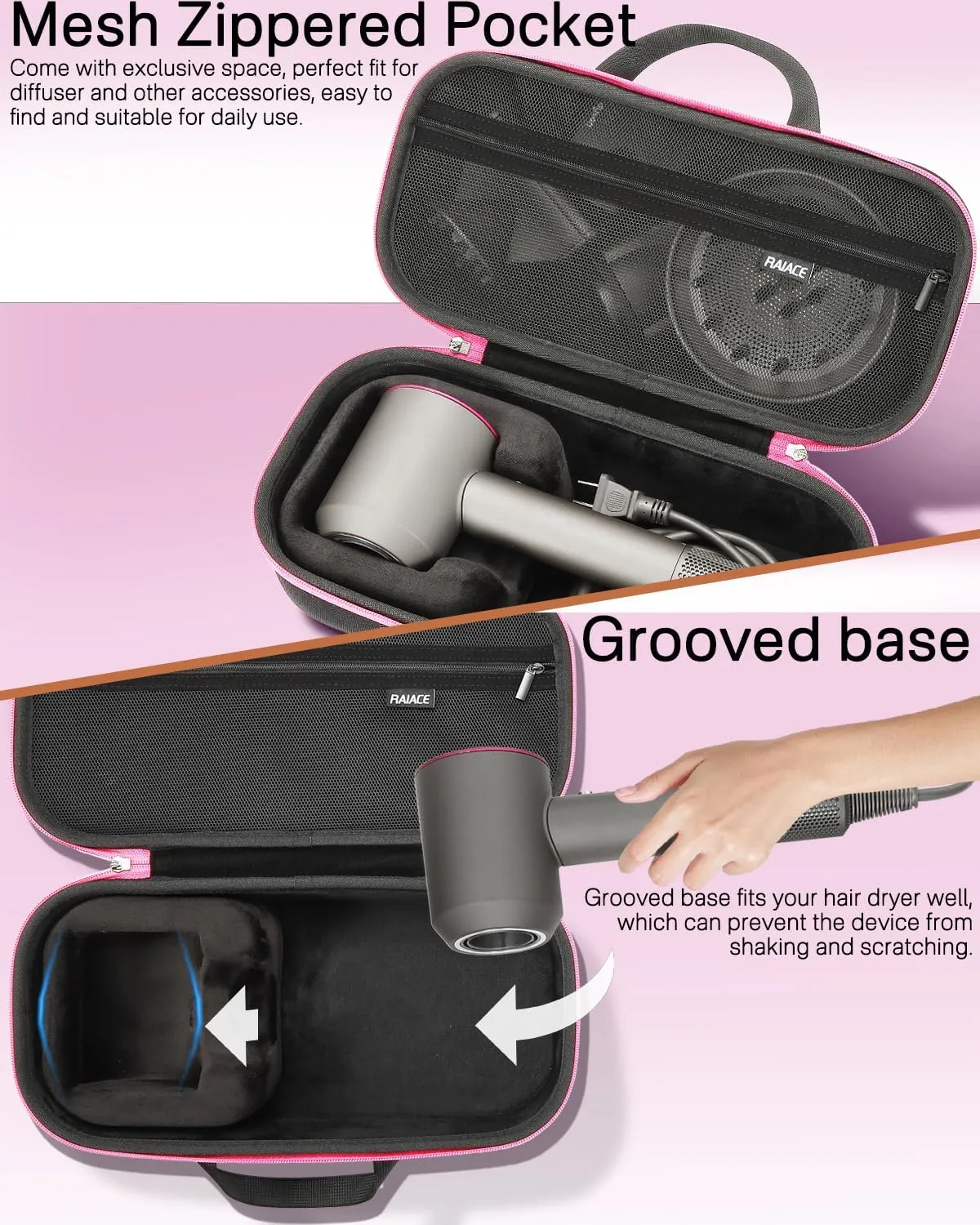 RAIACE Hard Storage Case Compatible with Dyson Hair Dryer, Travel Carrying Bag. (for Sale is case only). - Black(Black Lining)