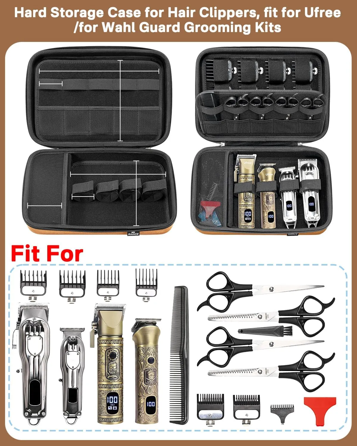 RAIACE Hard Travel Storage Case Compatible with Hair Clippers, Carrying Bag for Hair Cutting Barber Supplies, fit for Ufree/for Wahl Guard Grooming Kits. - Gloden