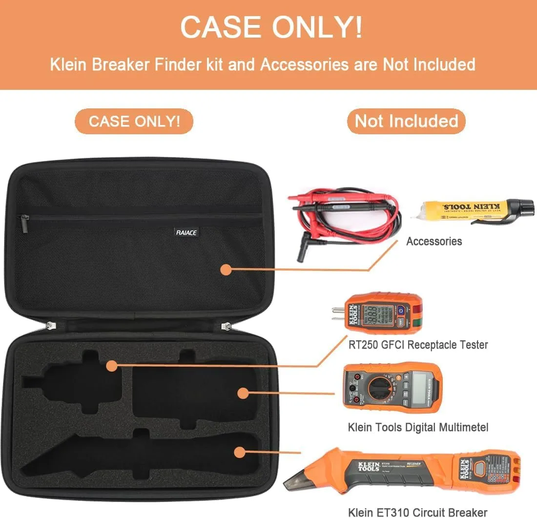 RAIACE Hard Travel Storage Case Compatible with Klein Tools ET310 AC Circuit Breaker, Finder & 80041 Outlet Repair Tool Kit & RT250 GFCI Receptacle Tester. Home Tester Kit Bag. (case only) - Black