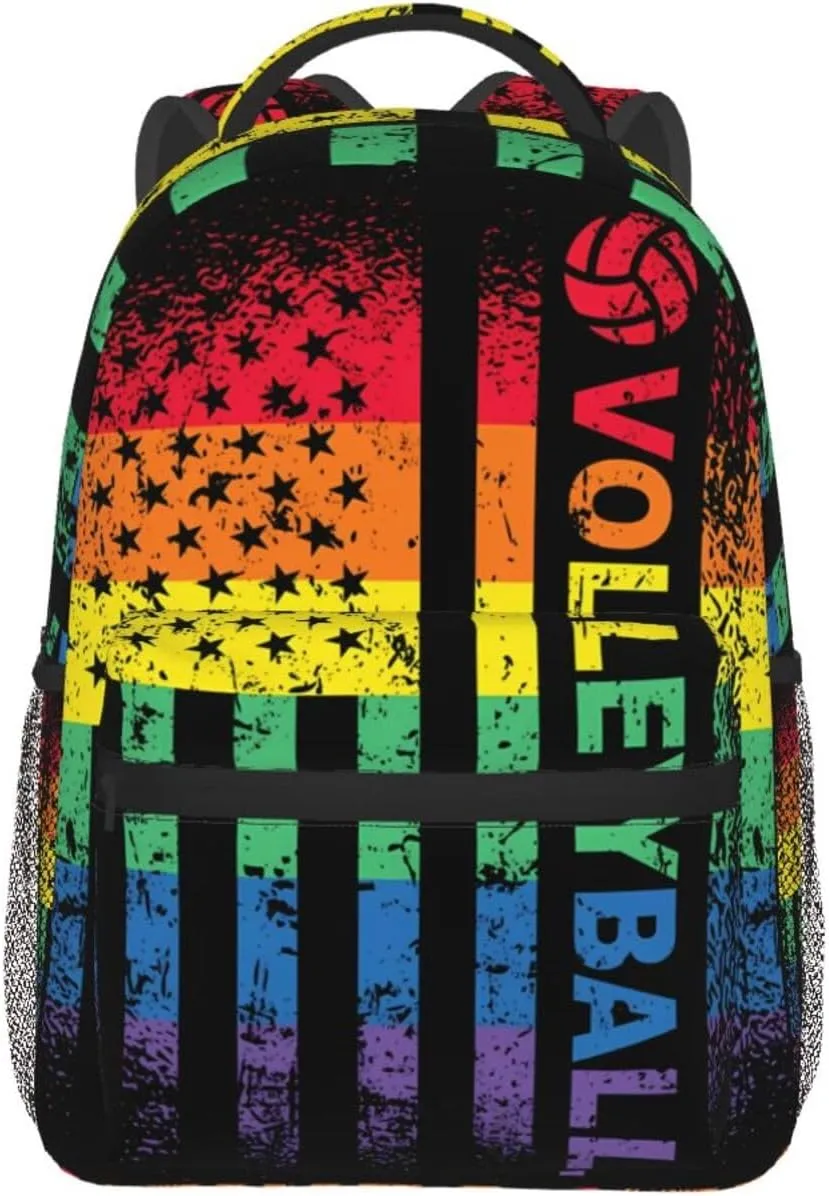 Rainbow American Flag Volleyball Gay Pride LGBTQ Sports Casual Backpacks Sport Backpack Travel Rucksack Canvas Daypack Workout Bags with Pockets for Gym Working Hiking