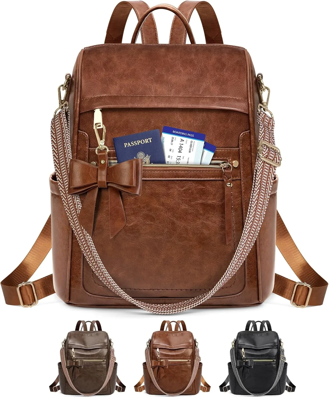 RAINSMORE Backpack Purse for Women, Waterproof Leather Backpack Purse Lightweight Travel Fashion Backpack Convertible Designer Ladies Shoulder Bag with Bow, Brown