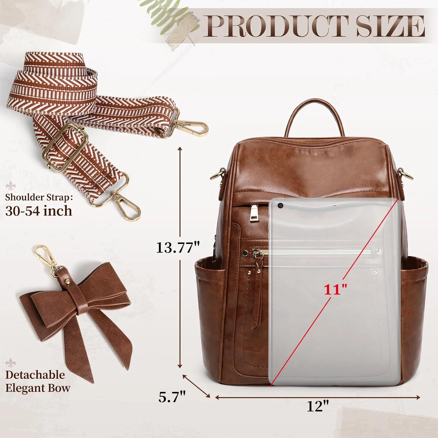 RAINSMORE Backpack Purse for Women, Waterproof Leather Backpack Purse Lightweight Travel Fashion Backpack Convertible Designer Ladies Shoulder Bag with Bow, Brown
