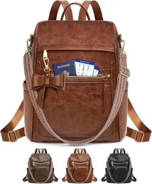 RAINSMORE Backpack Purse for Women, Waterproof Leather Backpack Purse Lightweight Travel Fashion Backpack Convertible Designer Ladies Shoulder Bag with Bow, Brown