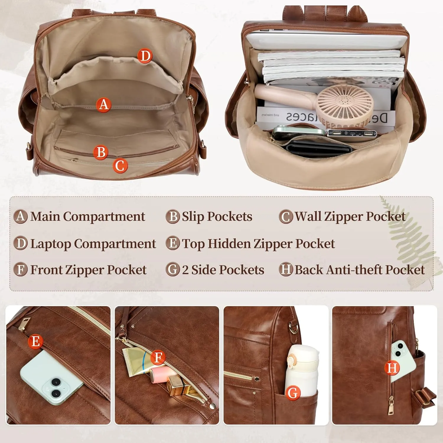 RAINSMORE Backpack Purse for Women, Waterproof Leather Backpack Purse Lightweight Travel Fashion Backpack Convertible Designer Ladies Shoulder Bag with Bow, Brown