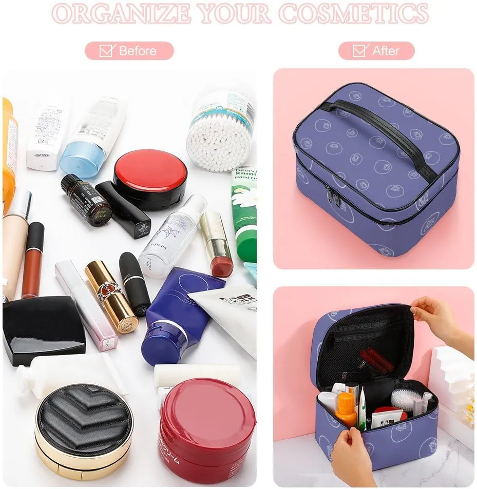 RASHU Blueberries Fruit Makeup Cosmetic Box Zipper Storage Bag Portable Toiletry Bag with Divider Tools Accessories Case Travelling Essentials Travel Organizer for Women