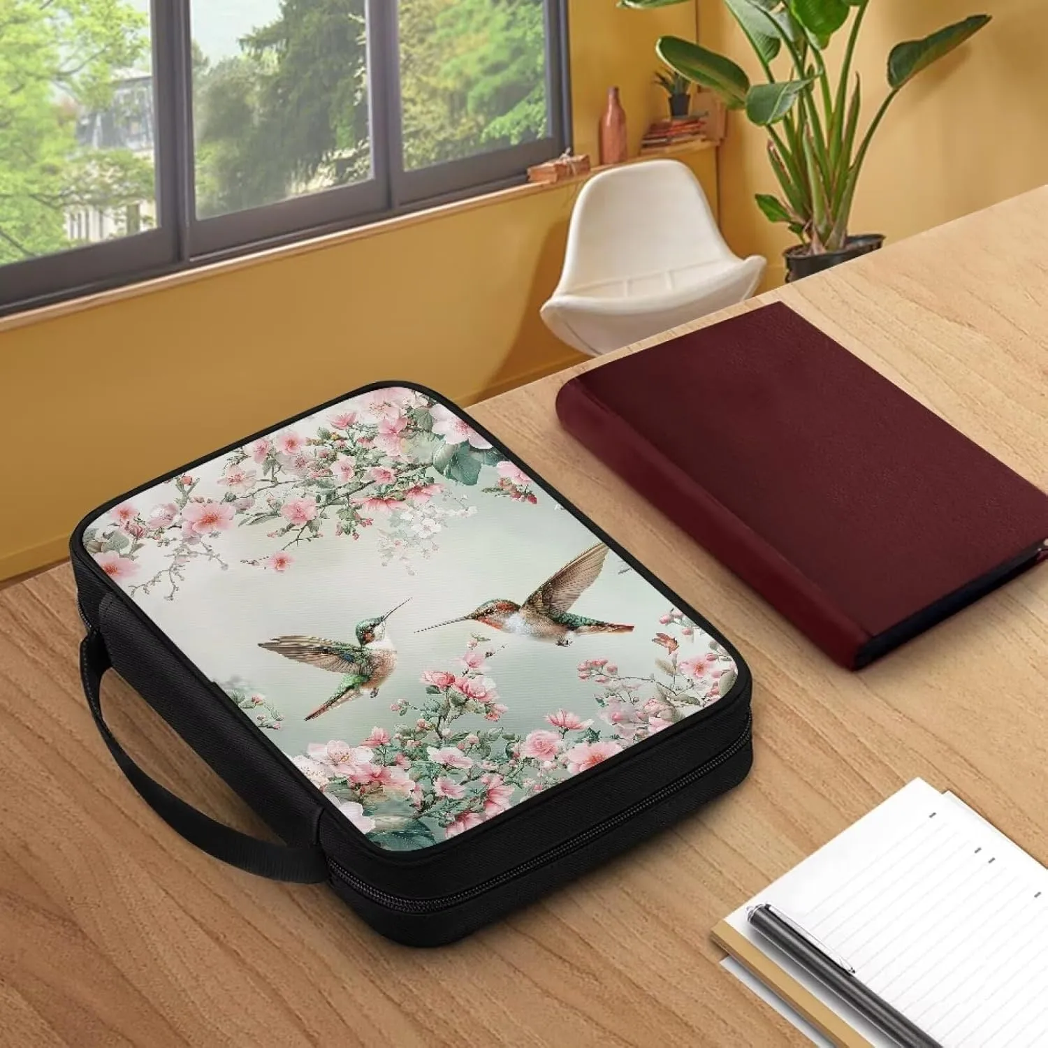 Rchsmod Hummingbird Cherry Blossom Pattern Bible Case for Women Bible Cover Bible Carrying Case Church Bag Bible Protective with Handle Lightweight Bible Bag Handbag for Daily Use