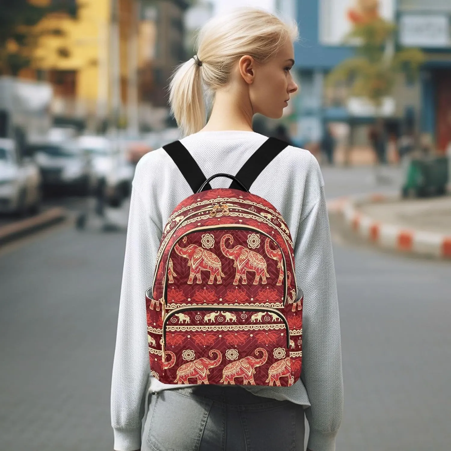 Red Elephant Migration Fashion Travel Backpack for Women Multi Pockets Lightweight Purse for Women-M