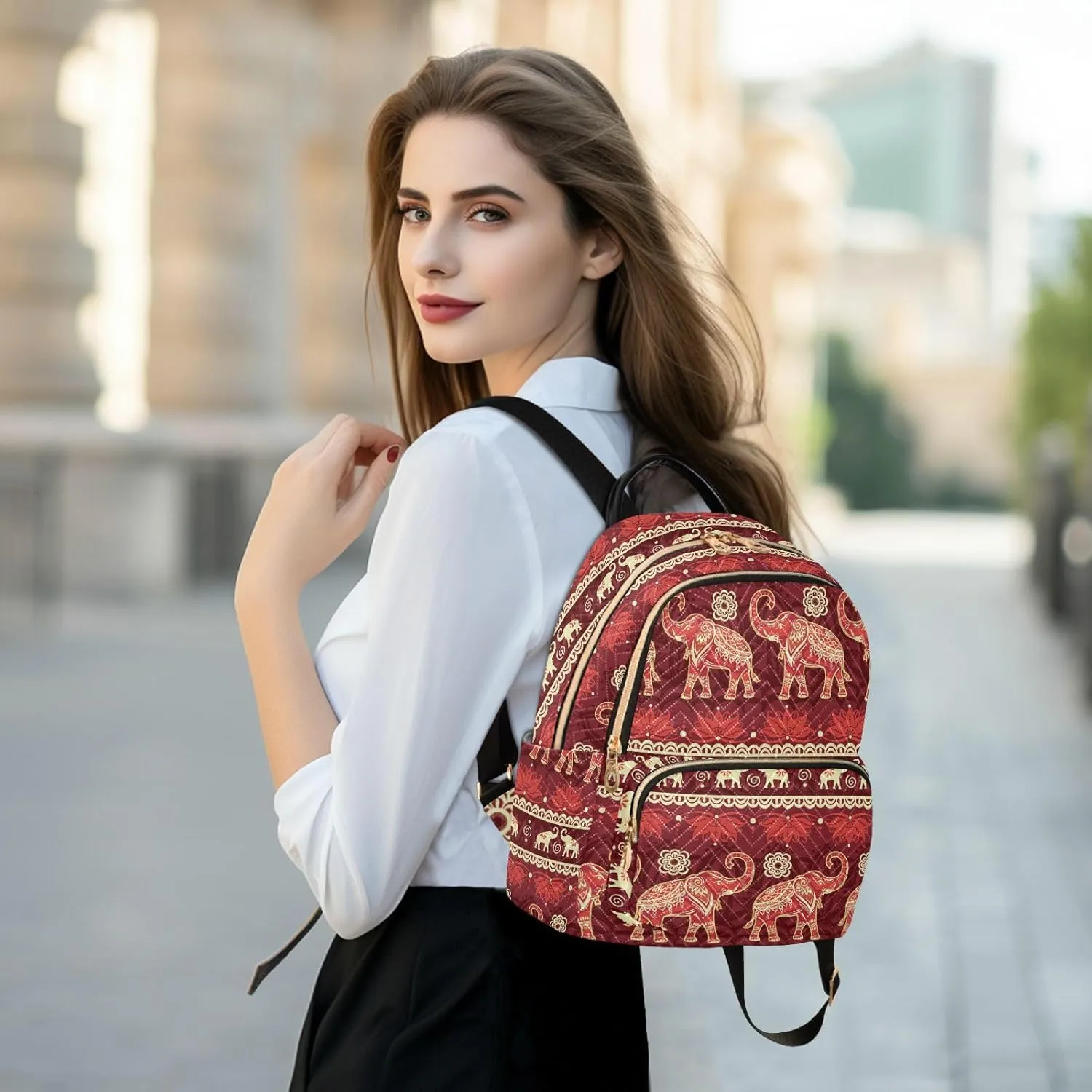 Red Elephant Migration Fashion Travel Backpack for Women Multi Pockets Lightweight Purse for Women-M