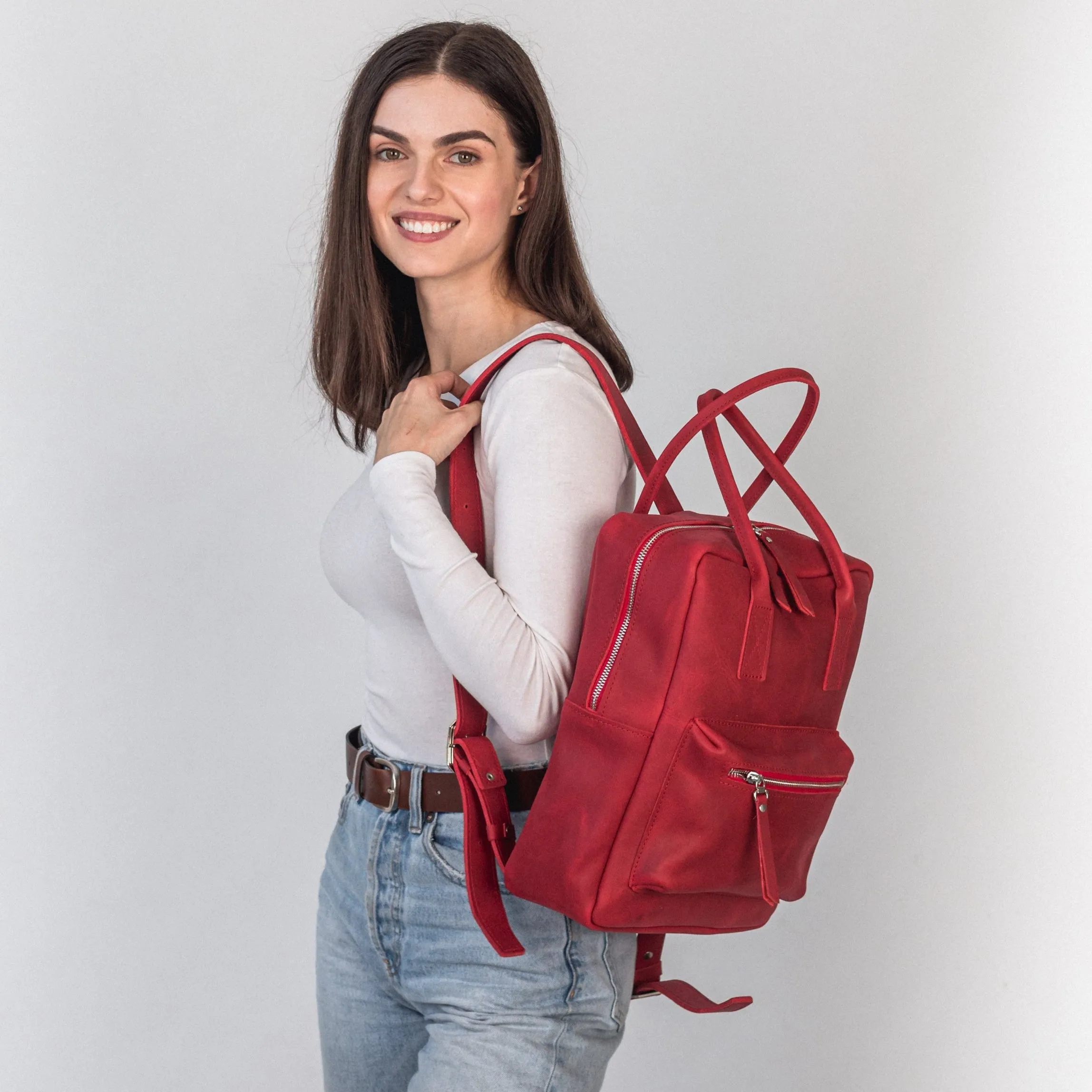 Red leather city backpack