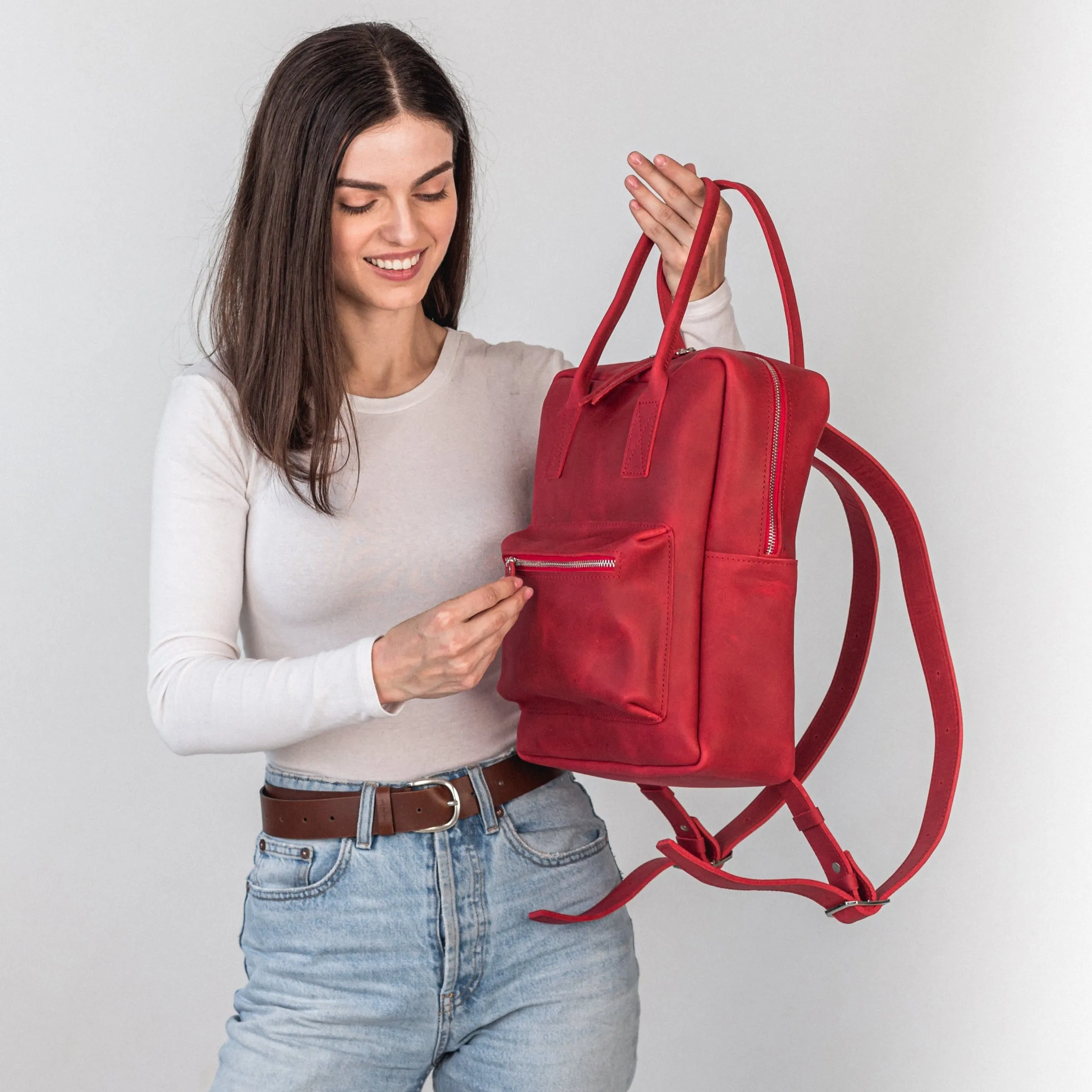 Red leather city backpack