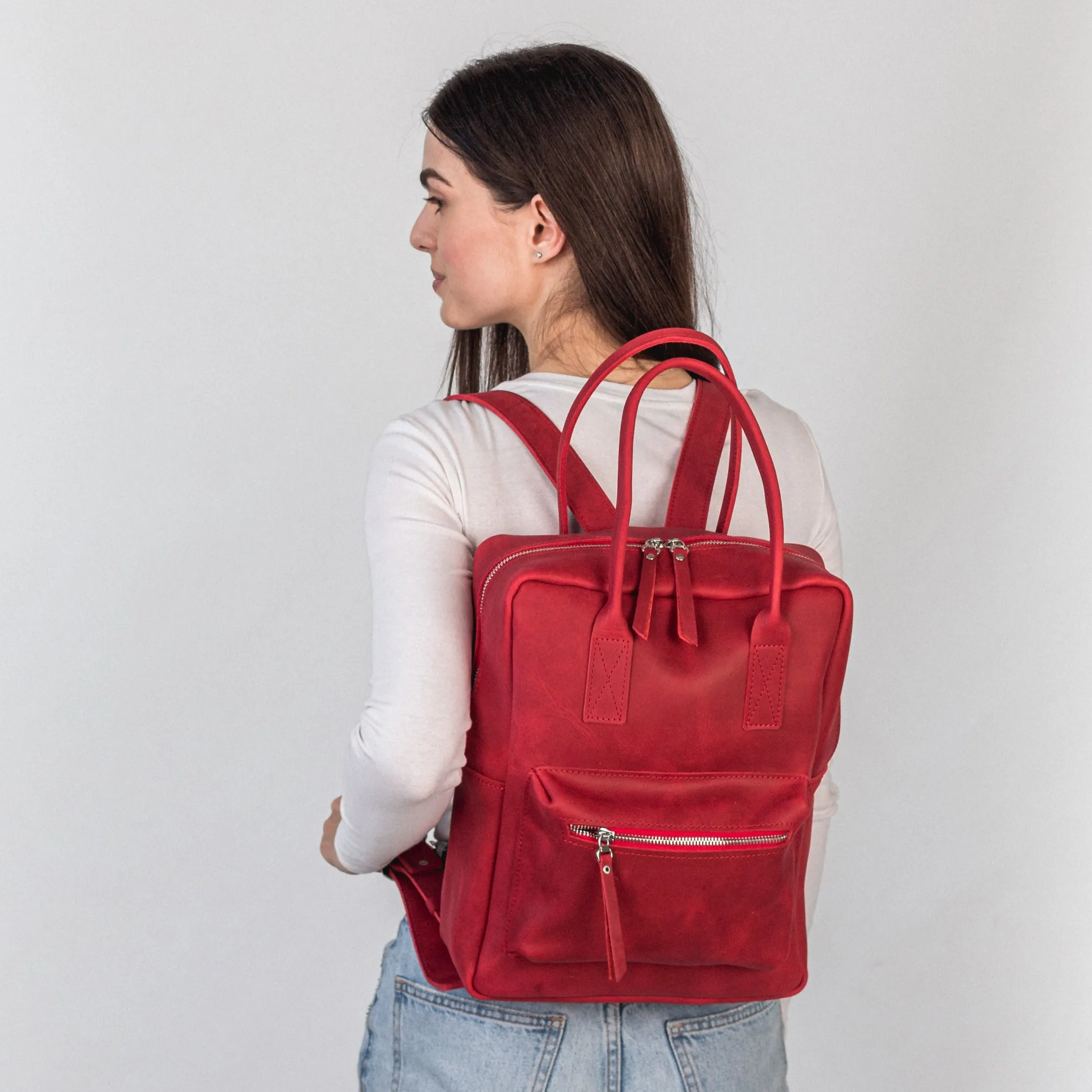 Red leather city backpack