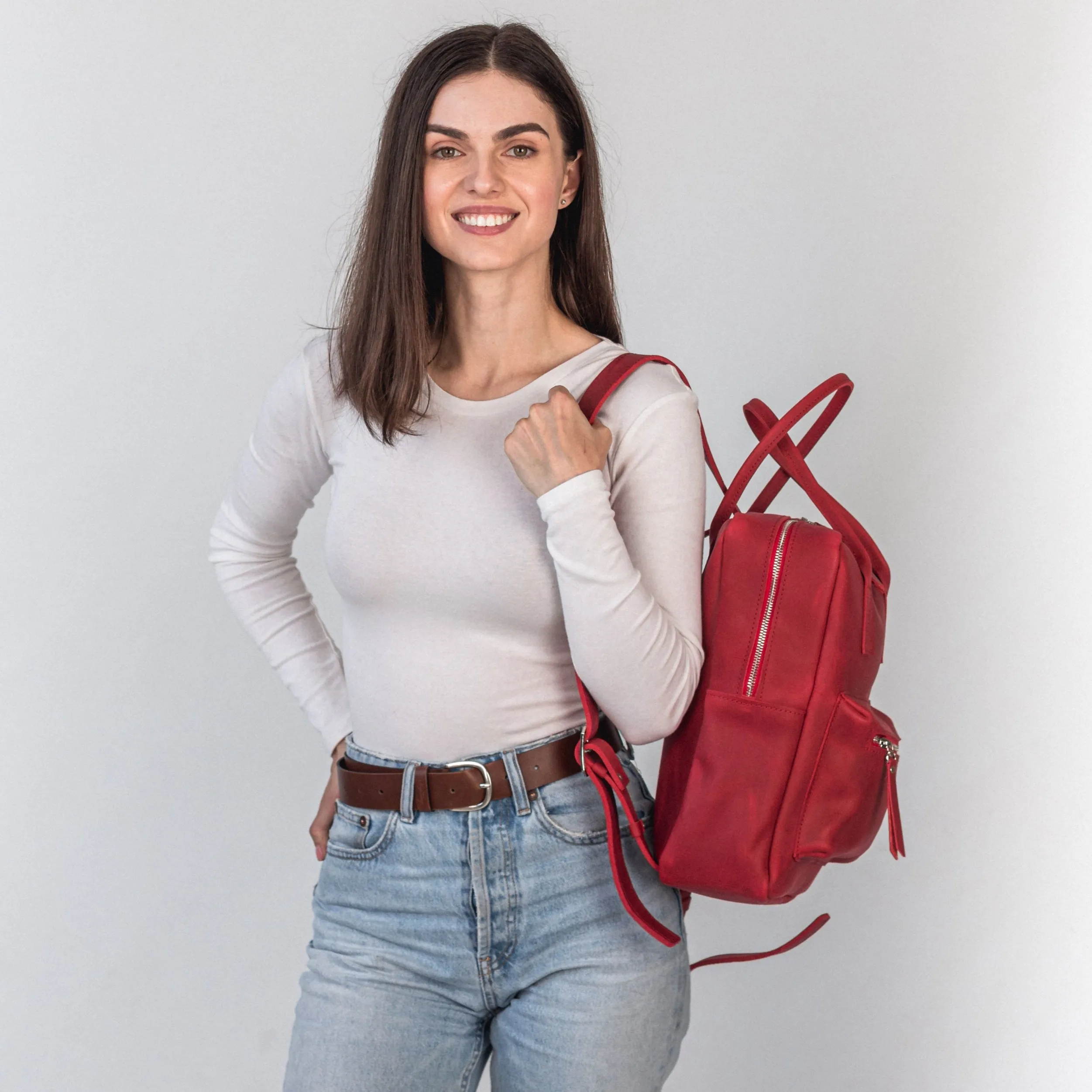 Red leather city backpack