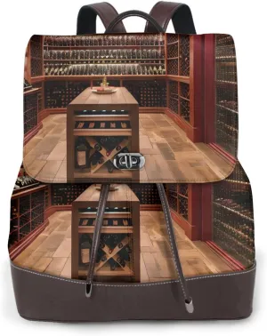 Red Wine Cellar Print Genuine Leather Backpack,Fashionable Ladies Shoulder Bag For All Occasions