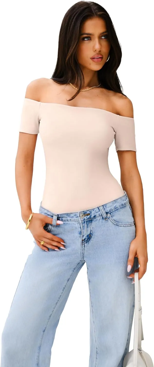REORIA Women Sexy Off The Shoulder Short Sleeve Backless Basic Double Lined Thong Bodysuit Tops