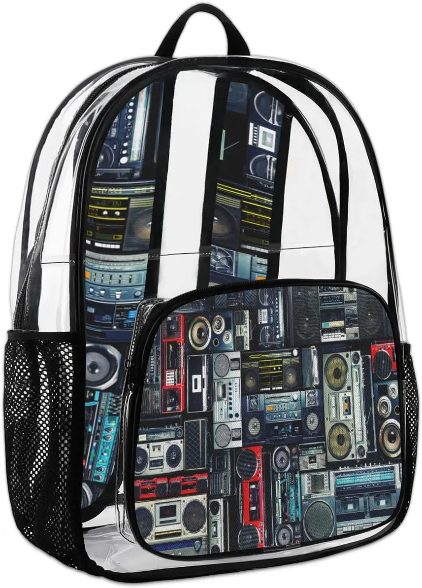 Retro Music Audio Clear Backpack Stadium Approved Heavy Duty Transparent Backpack for Women Men Large PVC See Through Bag for Sports Event Concert Festival Work Travel