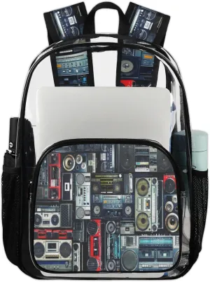 Retro Music Audio Clear Backpack Stadium Approved Heavy Duty Transparent Backpack for Women Men Large PVC See Through Bag for Sports Event Concert Festival Work Travel