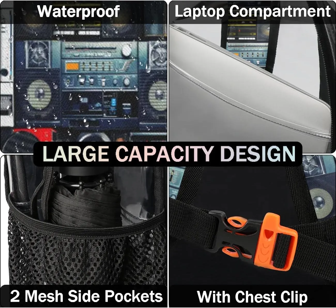 Retro Music Audio Clear Backpack Stadium Approved Heavy Duty Transparent Backpack for Women Men Large PVC See Through Bag for Sports Event Concert Festival Work Travel