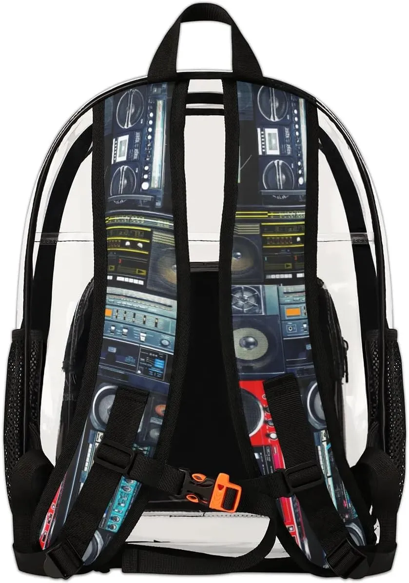 Retro Music Audio Clear Backpack Stadium Approved Heavy Duty Transparent Backpack for Women Men Large PVC See Through Bag for Sports Event Concert Festival Work Travel