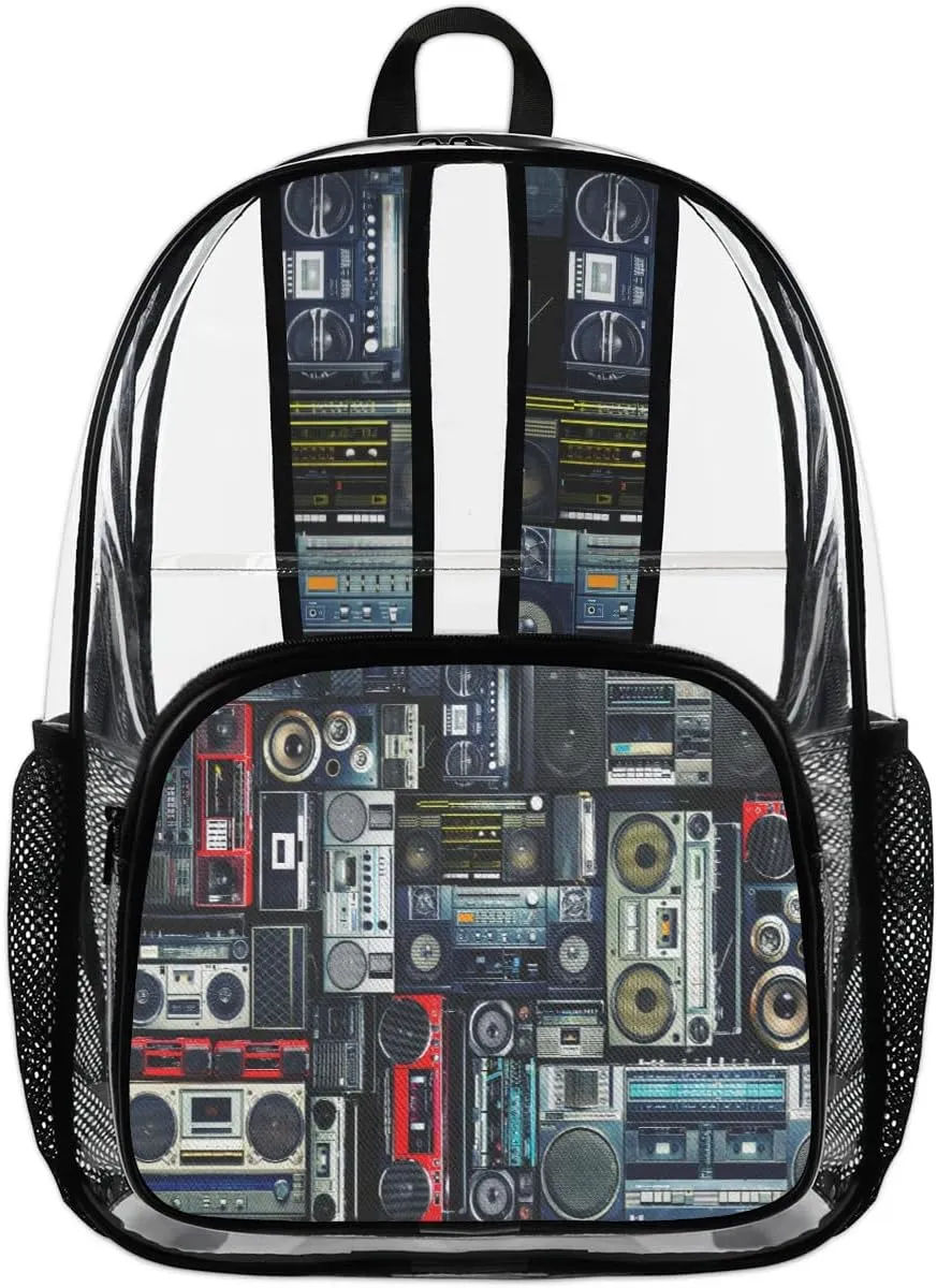Retro Music Audio Clear Backpack Stadium Approved Heavy Duty Transparent Backpack for Women Men Large PVC See Through Bag for Sports Event Concert Festival Work Travel