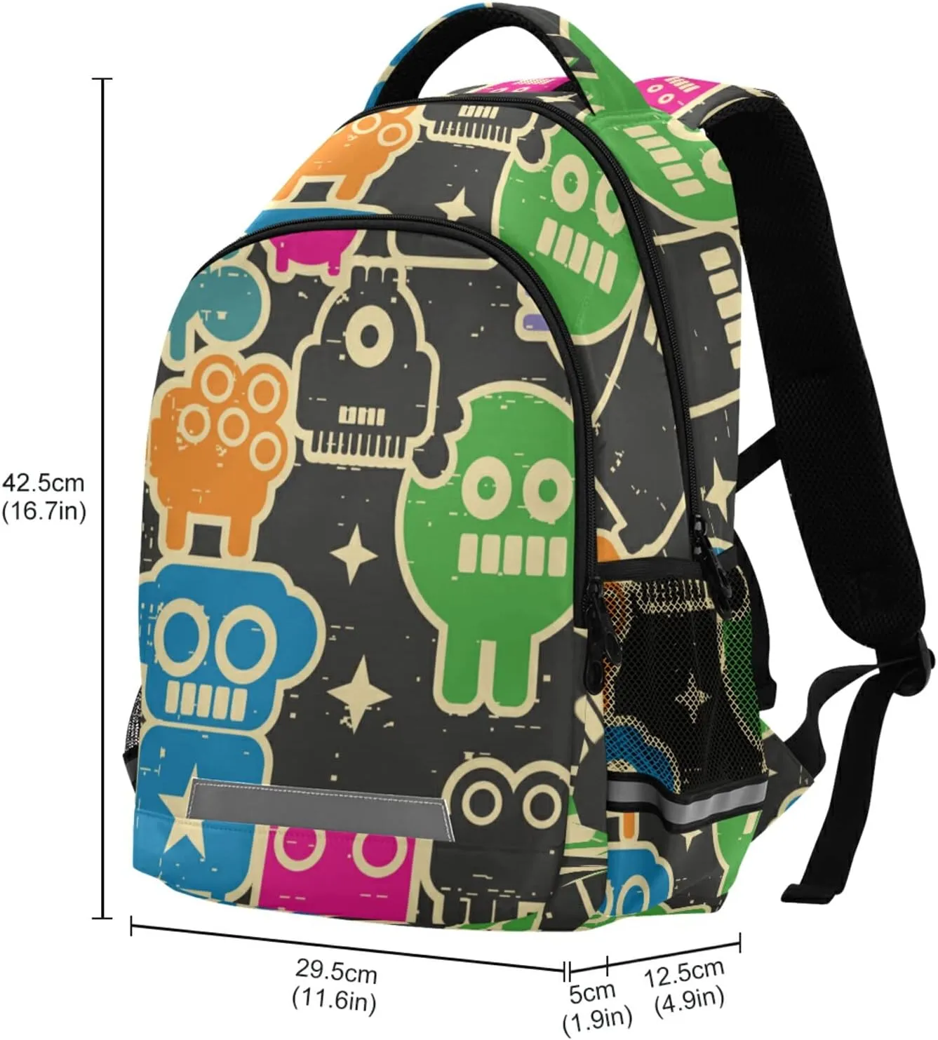 Retro Robots Monsters Backpack Doodles Lightweight Bookbag Laptop Notebook Safe Reflectiv Stripes Casual Travel Shoulder Bag Daypack Hiking Camping