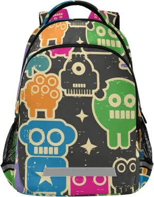 Retro Robots Monsters Backpack Doodles Lightweight Bookbag Laptop Notebook Safe Reflectiv Stripes Casual Travel Shoulder Bag Daypack Hiking Camping