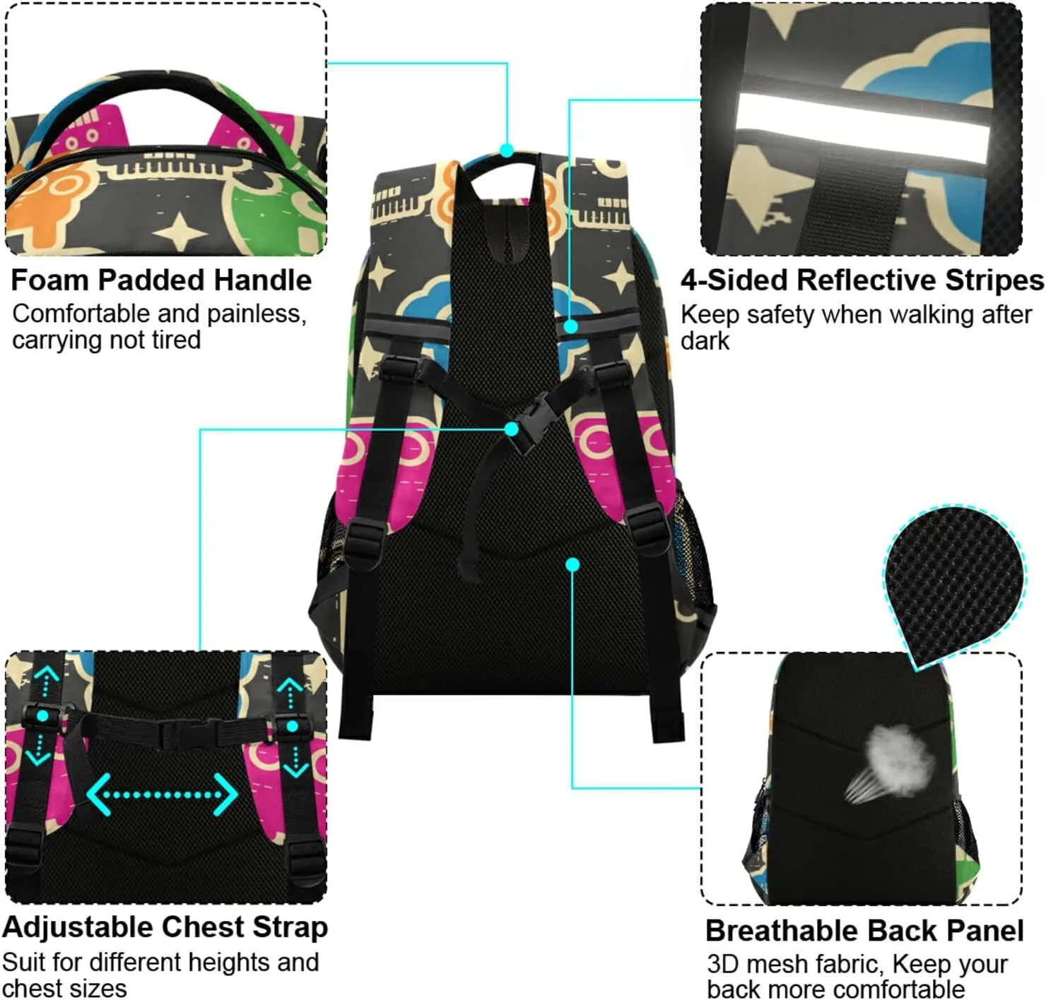 Retro Robots Monsters Backpack Doodles Lightweight Bookbag Laptop Notebook Safe Reflectiv Stripes Casual Travel Shoulder Bag Daypack Hiking Camping