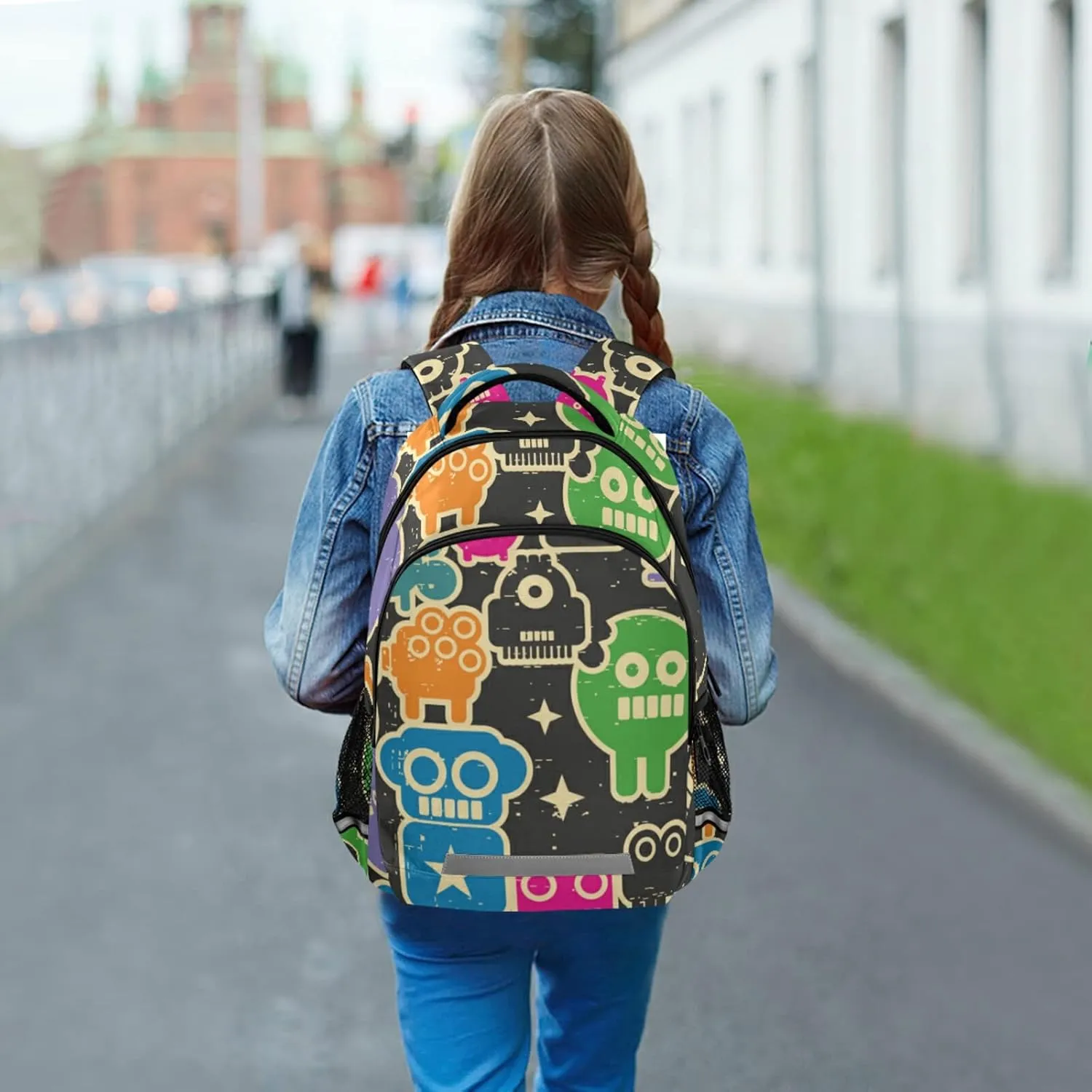 Retro Robots Monsters Backpack Doodles Lightweight Bookbag Laptop Notebook Safe Reflectiv Stripes Casual Travel Shoulder Bag Daypack Hiking Camping