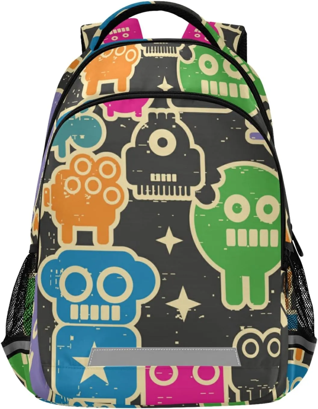 Retro Robots Monsters Backpack Doodles Lightweight Bookbag Laptop Notebook Safe Reflectiv Stripes Casual Travel Shoulder Bag Daypack Hiking Camping