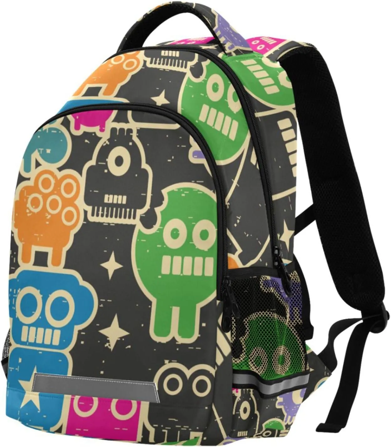 Retro Robots Monsters Backpack Doodles Lightweight Bookbag Laptop Notebook Safe Reflectiv Stripes Casual Travel Shoulder Bag Daypack Hiking Camping