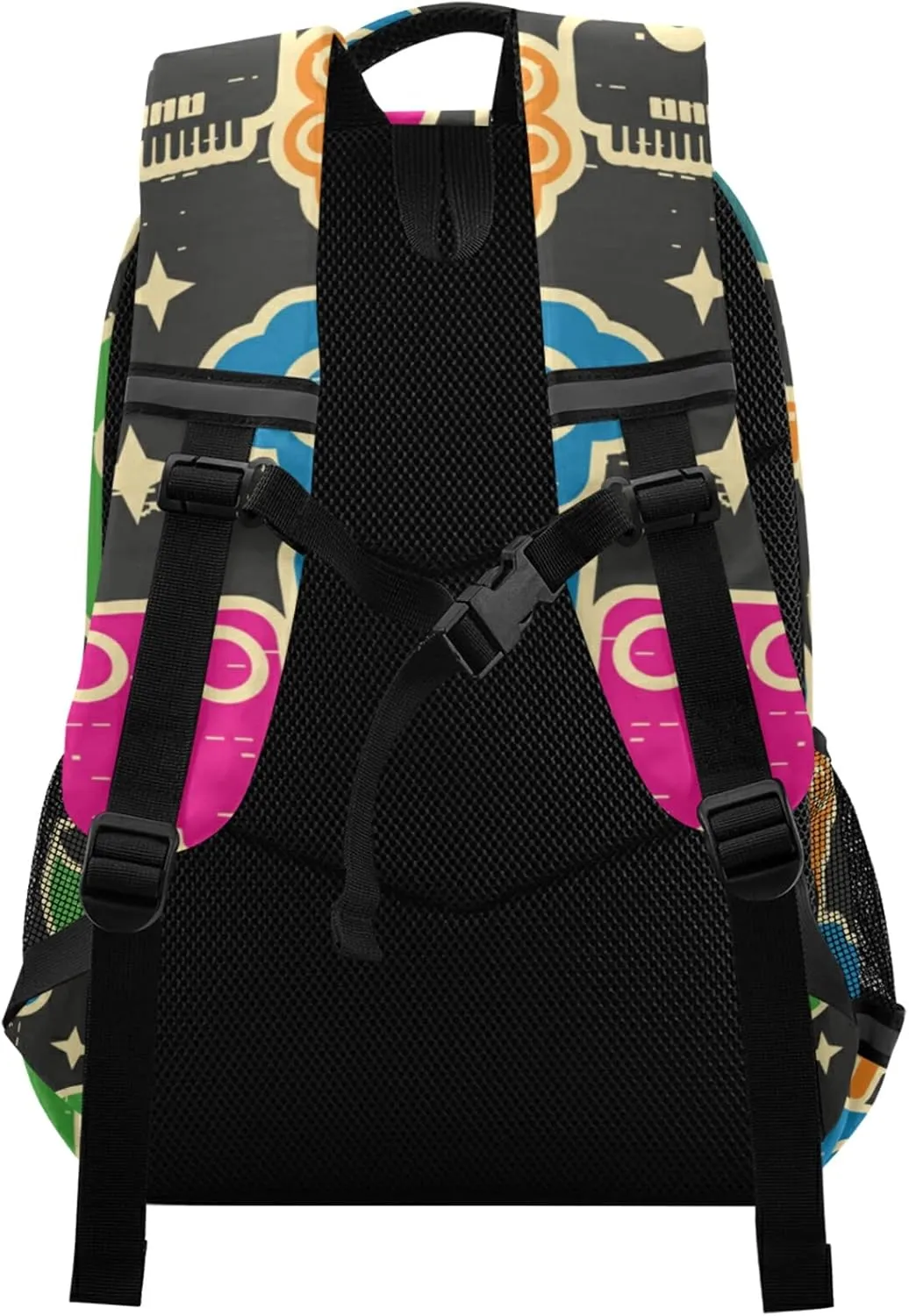 Retro Robots Monsters Backpack Doodles Lightweight Bookbag Laptop Notebook Safe Reflectiv Stripes Casual Travel Shoulder Bag Daypack Hiking Camping