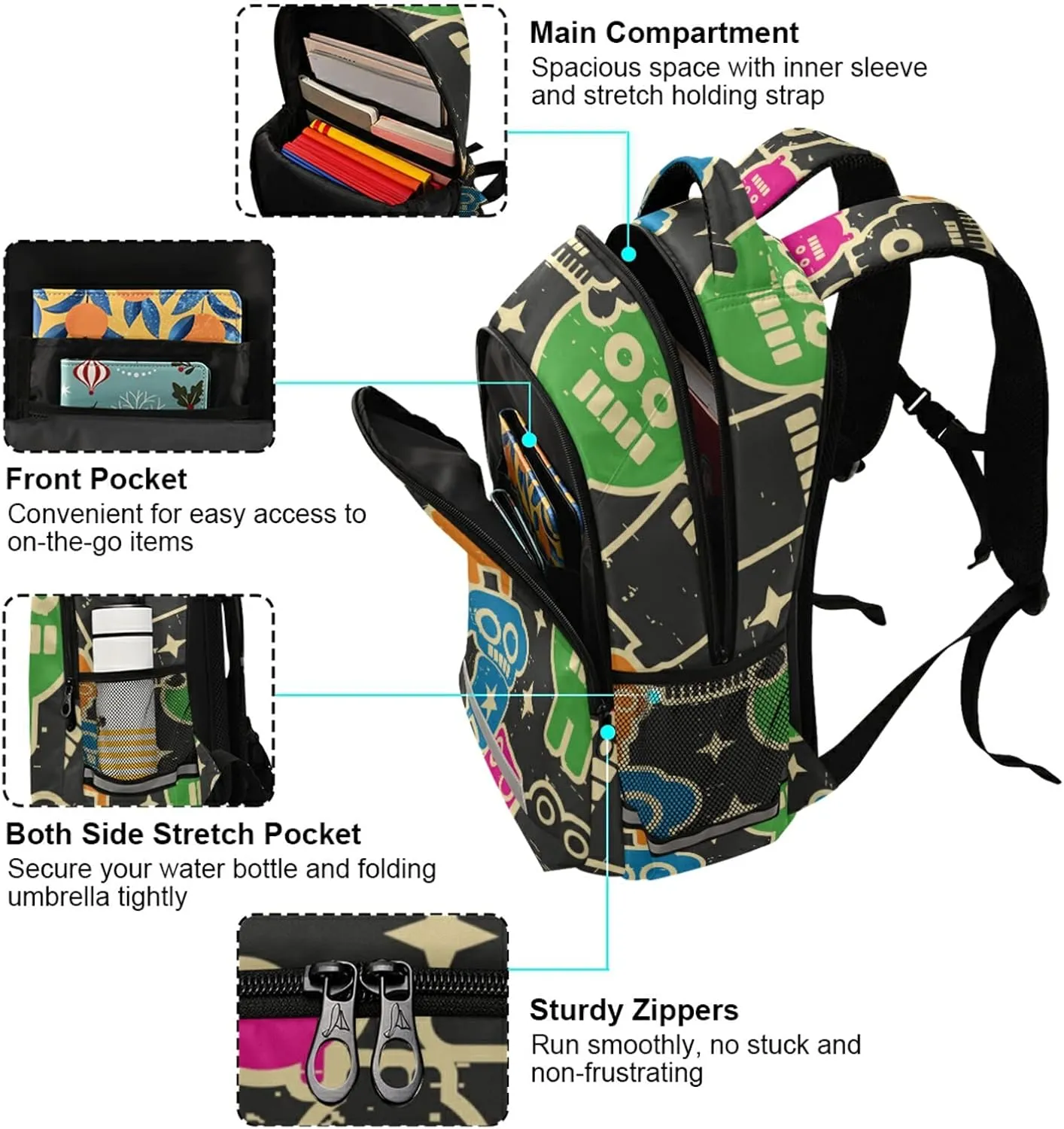 Retro Robots Monsters Backpack Doodles Lightweight Bookbag Laptop Notebook Safe Reflectiv Stripes Casual Travel Shoulder Bag Daypack Hiking Camping
