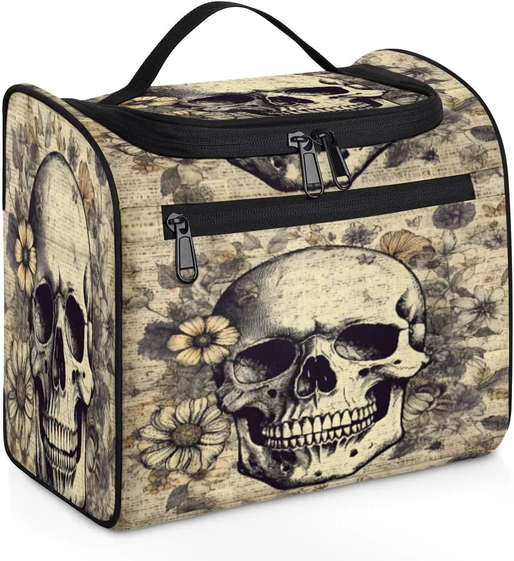 Retro Skeleton Women's Toiletry Bag Waterproof Cosmetic Bag Skull Print Travel Cosmetic Bag Multi-functional Organizer with Hooks Suitable for Full-size Toiletries and Cosmetics