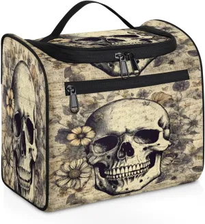 Retro Skeleton Women's Toiletry Bag Waterproof Cosmetic Bag Skull Print Travel Cosmetic Bag Multi-functional Organizer with Hooks Suitable for Full-size Toiletries and Cosmetics